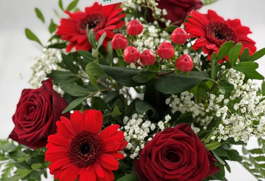 Blumenstrauß Größe S in Rot mit roten Gerbera, Rosen, Schleierkraut und roten Beeren