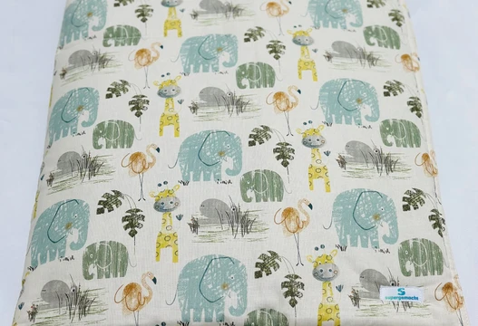 Babydecke und Krabbeldecke neutral mit Elefanten, Giraffen und Flamingos, Vorderseite