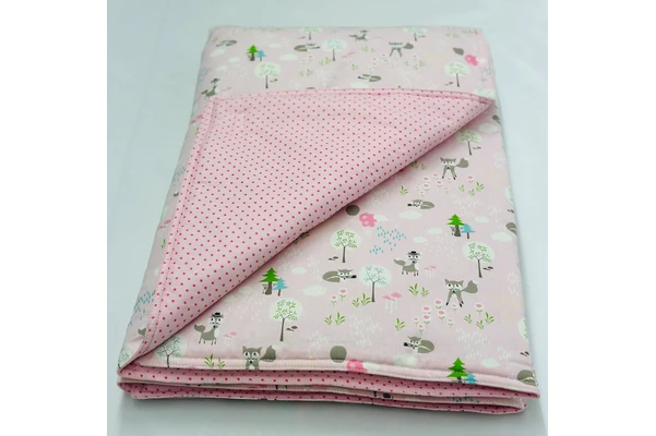 Babydecke und Krabbeldecke in Rosa mit Fuchsmotiv, Rückseite mit rosa Punkten, gefaltet