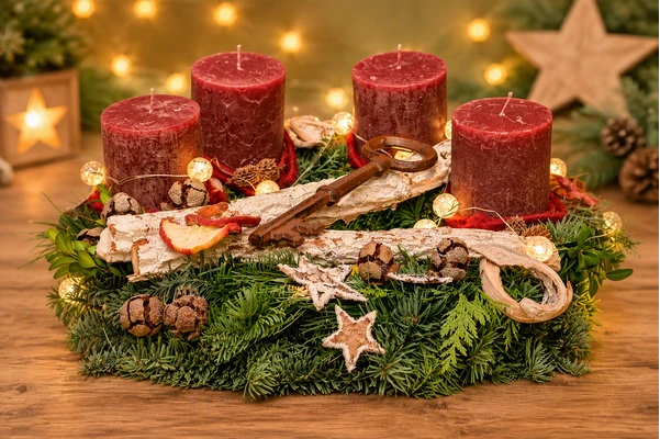 Adventskranz halbrund in Bordeaux mit vier Kerzen, Tannengrün, Zapfen, Holzsternen und altem Schlüssel