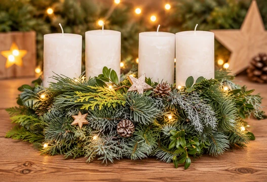 Adventskranz halbrund in Weiß mit vier Kerzen, Tannengrün, Zapfen und Holzsternen auf einem Holztisch