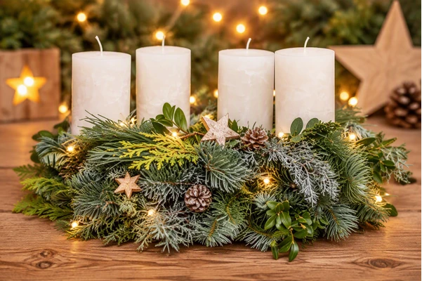Adventskranz halbrund in Weiß mit vier Kerzen, Tannengrün, Zapfen und Holzsternen auf einem Holztisch