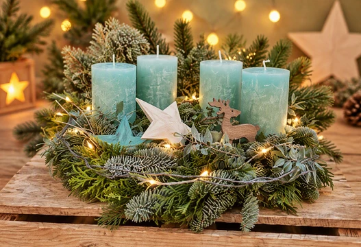 Adventskranz halbrund in Türkis mit vier Kerzen, Tannengrün, Holzstern und Rentier-Figur auf einer Holzkiste